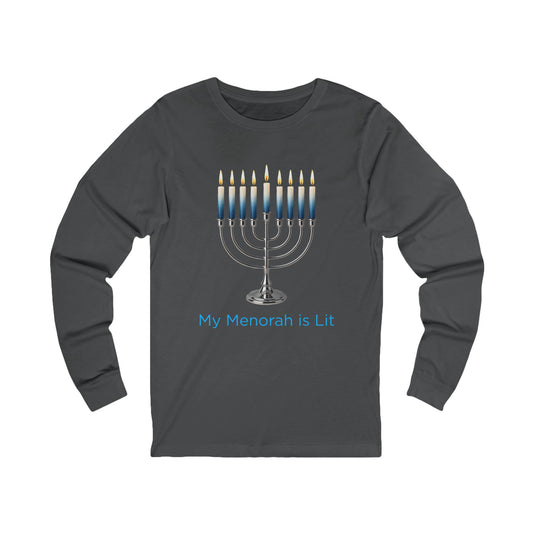 My Menorah Is Lit Hanukkah Long Sleeve Tee (Unisex S-2XL)
