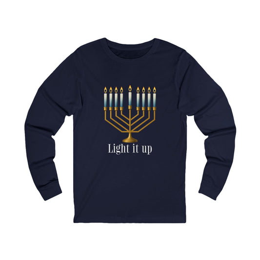 Light it Up Menorah Hanukkah Long Sleeve Tee (Unisex S-2XL)