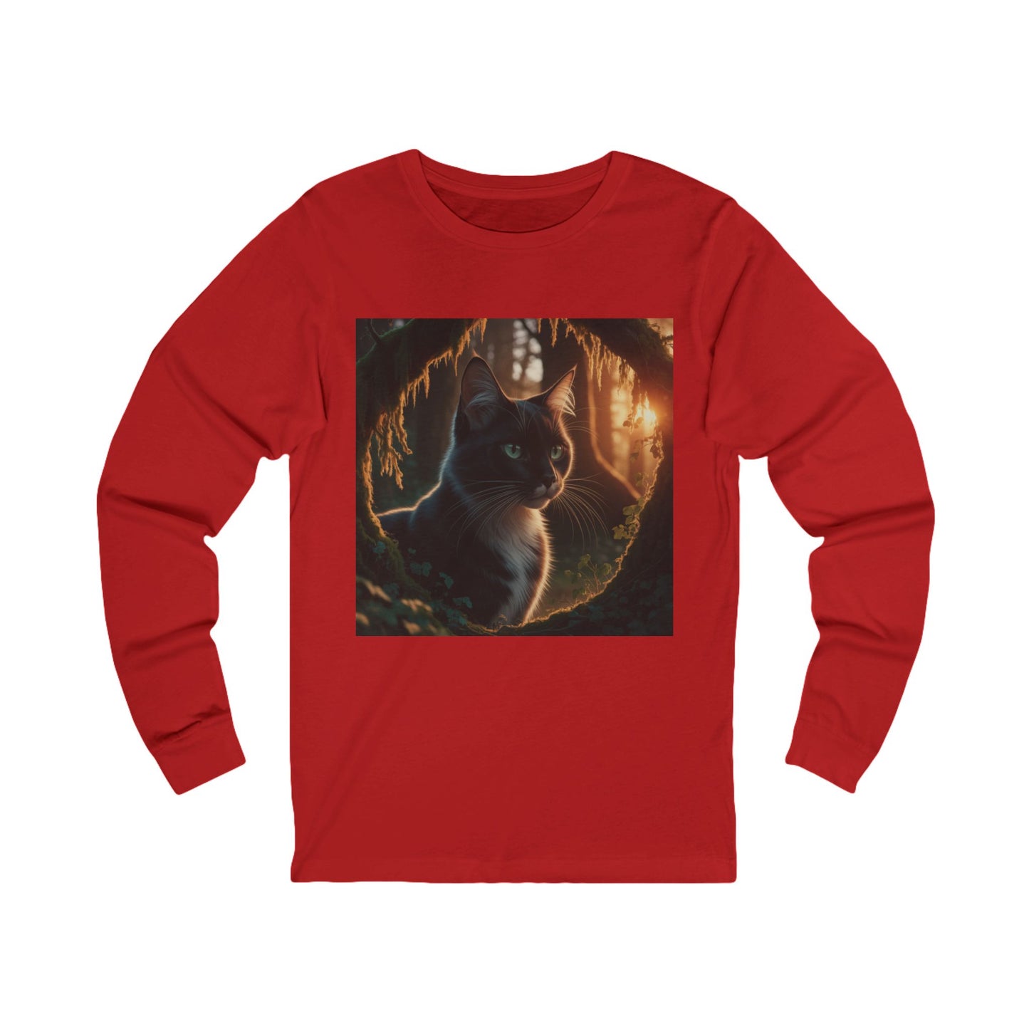 Whimsical cat graphic tee featuring an enchanting cat design on a cozy red tee.