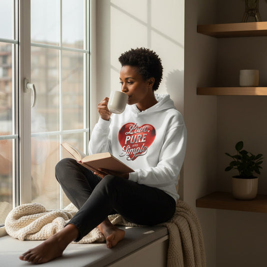 Person wearing a white hoodie with a heart design, sitting by a window reading a book and drinking from a mug.