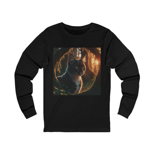Whimsical cat graphic tee featuring an enchanting cat design on a cozy black tee.