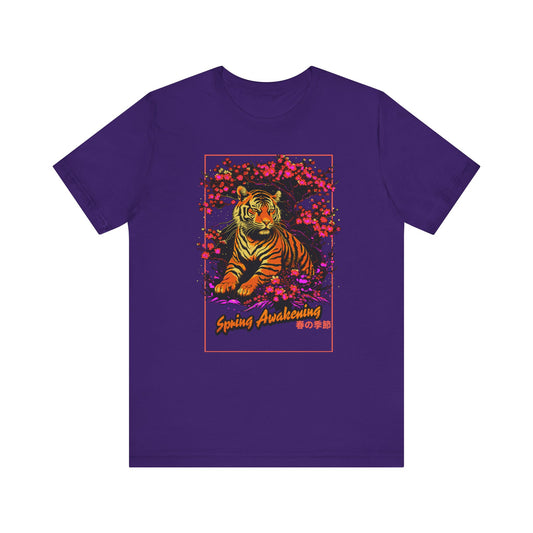 Purple t-shirt with a tiger graphic and 'Spring Awakening' text on a white background