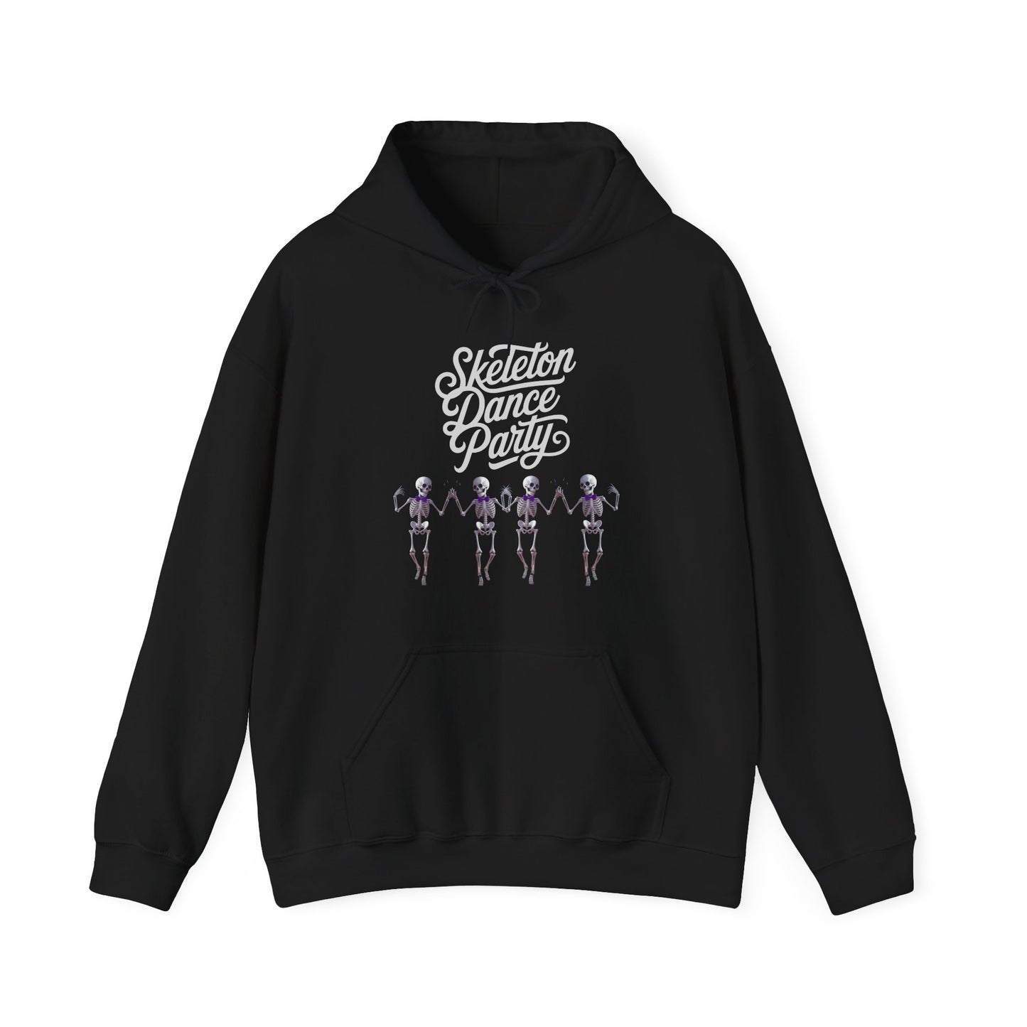 Halloween Dancing Skeleton Hoodie featuring fun skeleton graphics and cozy design for spooky celebrations with black background..