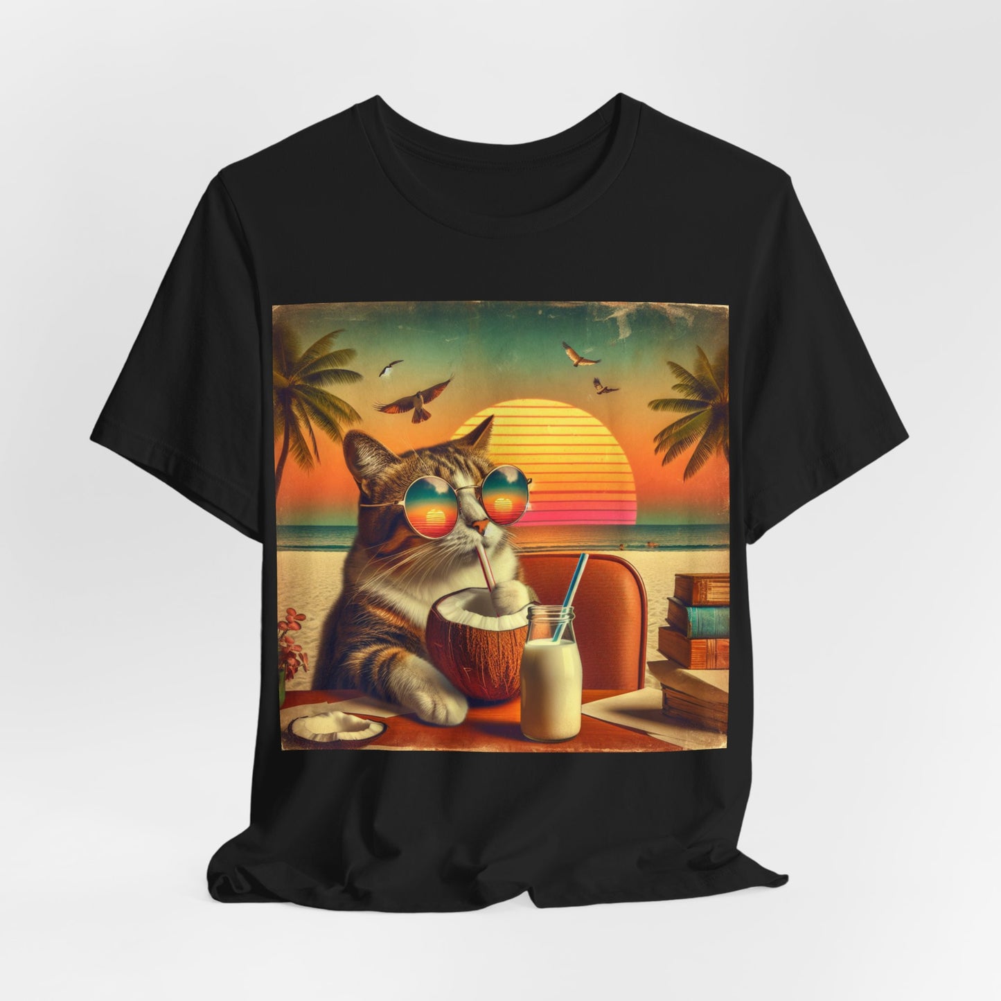Tropical Cat Relaxation – Summer Vibes Beach Graphic Tee (Unisex, S–3XL)