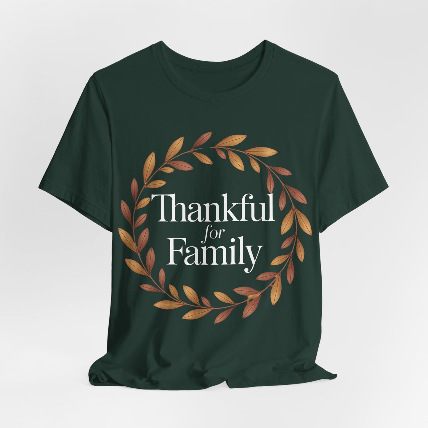 Thankful for Family Thanksgiving Tee in dark green with autumn wreath design, perfect for holiday gatherings.