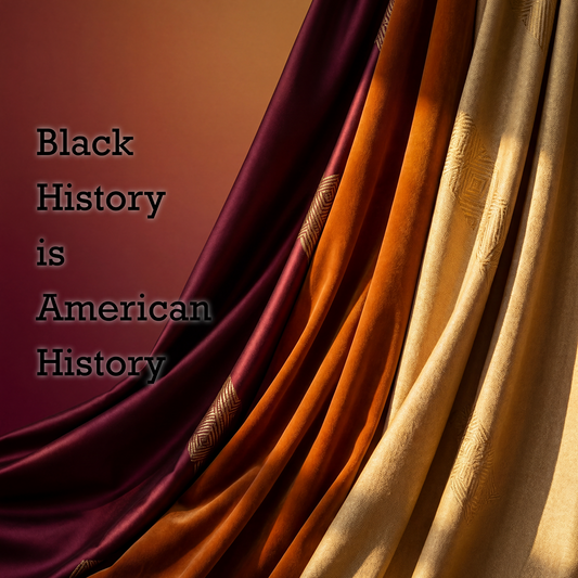 Elegant draped fabric in deep burgundy, burnt orange, and warm gold tones with subtle woven patterns, set against a soft gradient background. On the left, stacked text reads ‘Black History is American History.