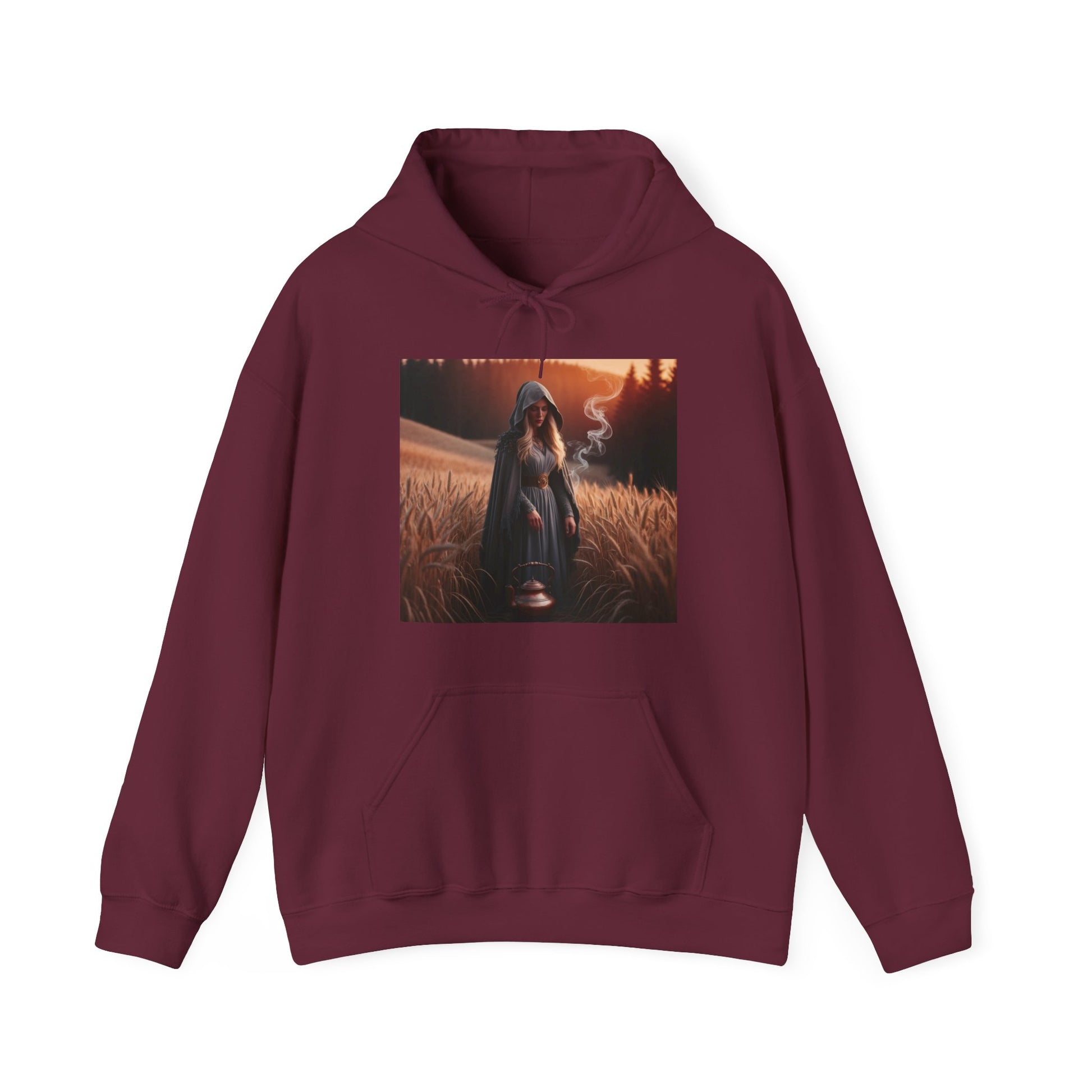 Mystical magic hoodie in maroon featuring a graphic design of a figure in a field with smoke, perfect for fall adventures.