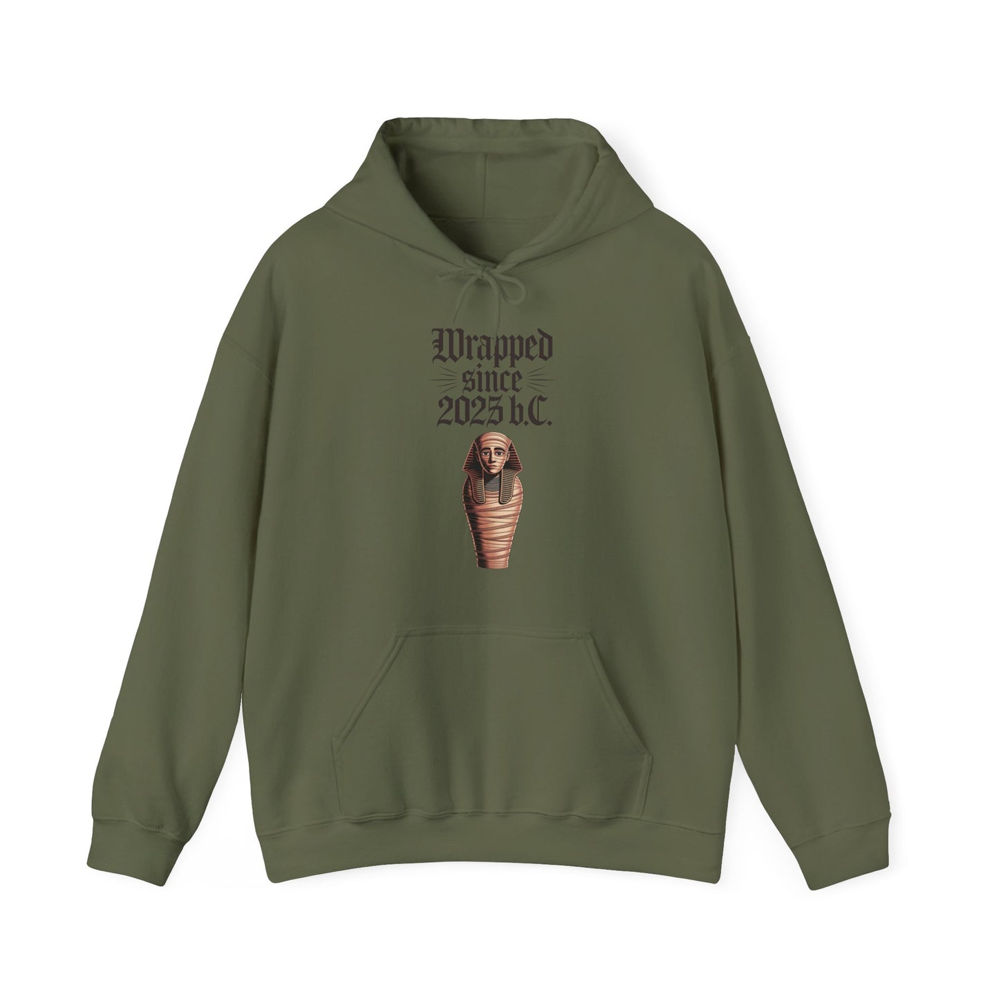 Vintage Pharaoh Hoodie – Wrapped since 2023 b.c. in military green, unisex style for modern comfort and ancient vibes.