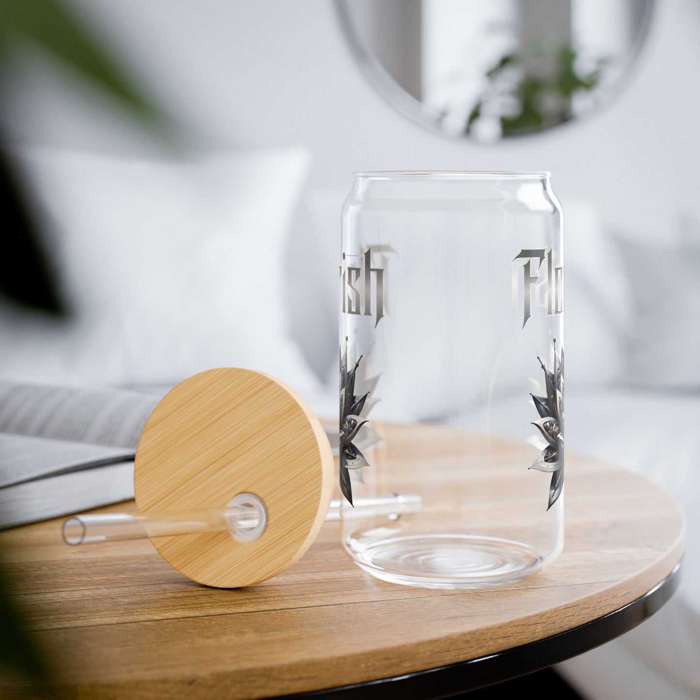 Floral Sipper Glass with Bamboo Lid