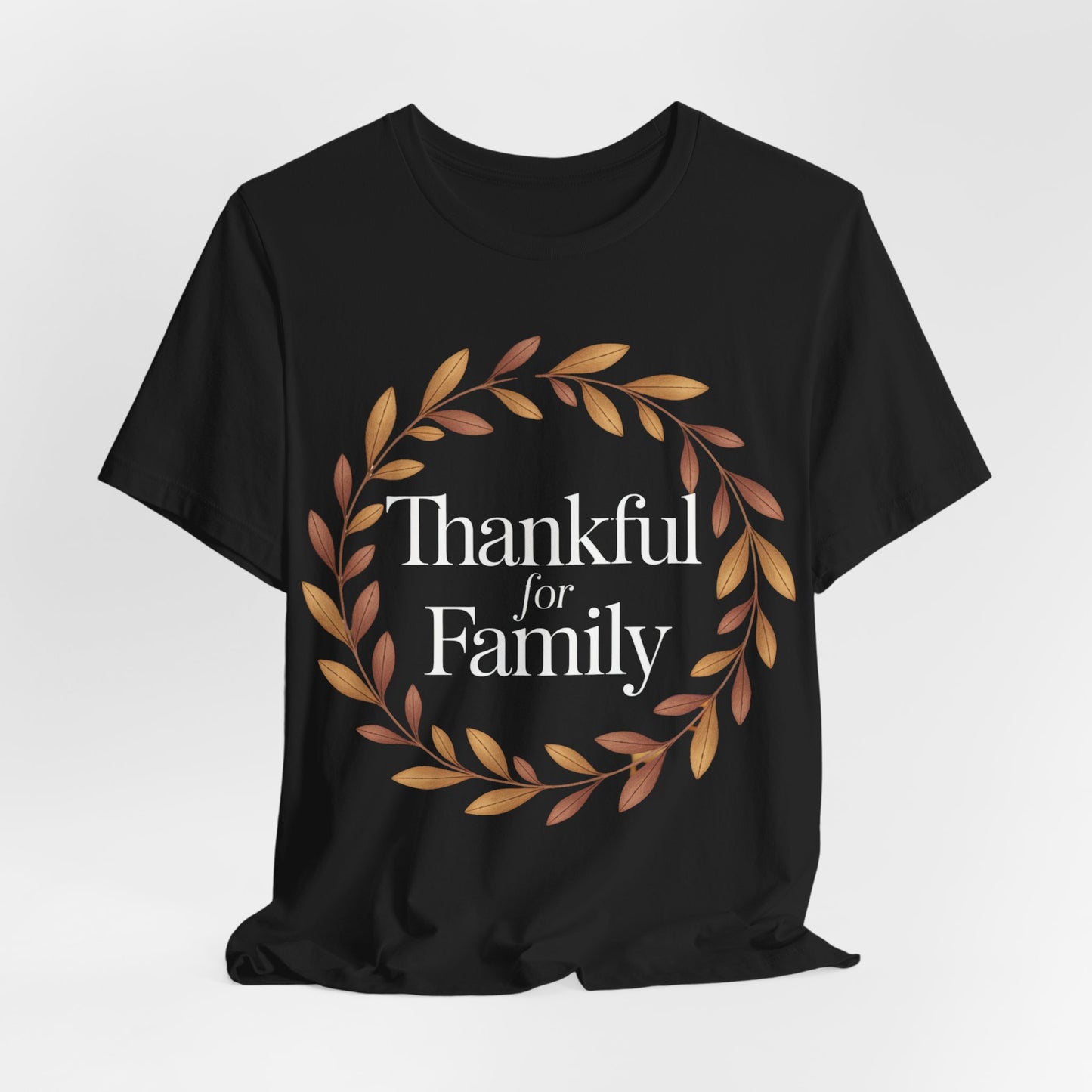 Thankful for Family Thanksgiving Tee in black with autumn wreath design, perfect for holiday gatherings.