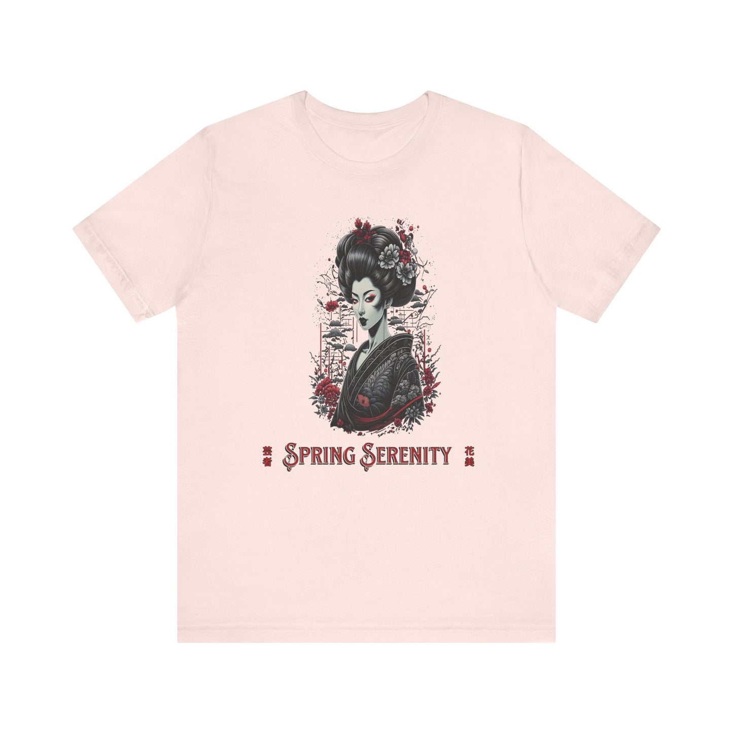 Pink t-shirt with a graphic design of a woman's face and 'Spring Serenity' text on a white background