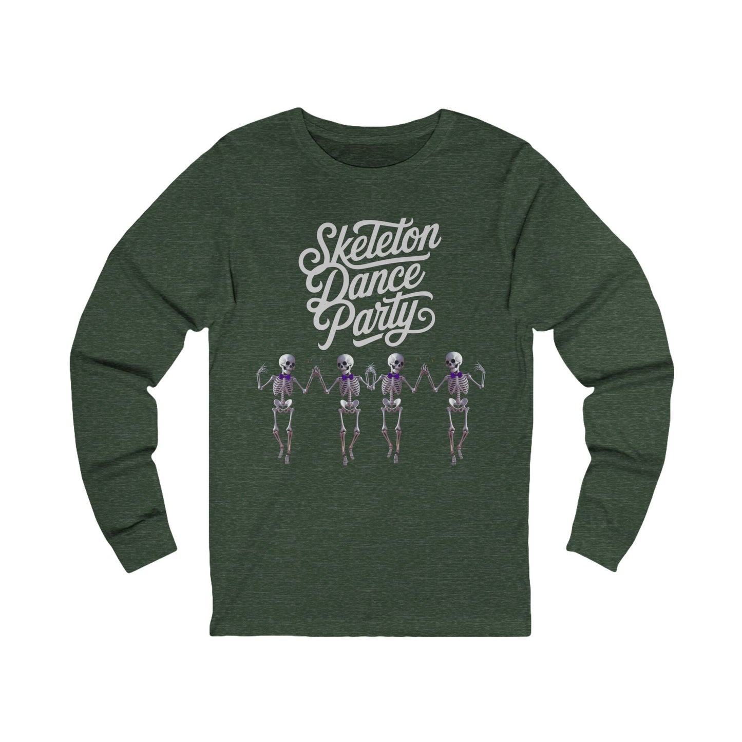 Halloween dancing skeleton tee in forest green featuring skeletons dancing in a fun Skeleton Dance Party print.