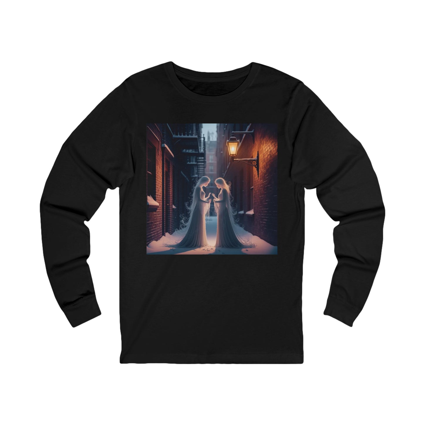 Midnight Ghost Mirror long sleeve tee in black featuring a haunting alley scene with two ghostly figures.