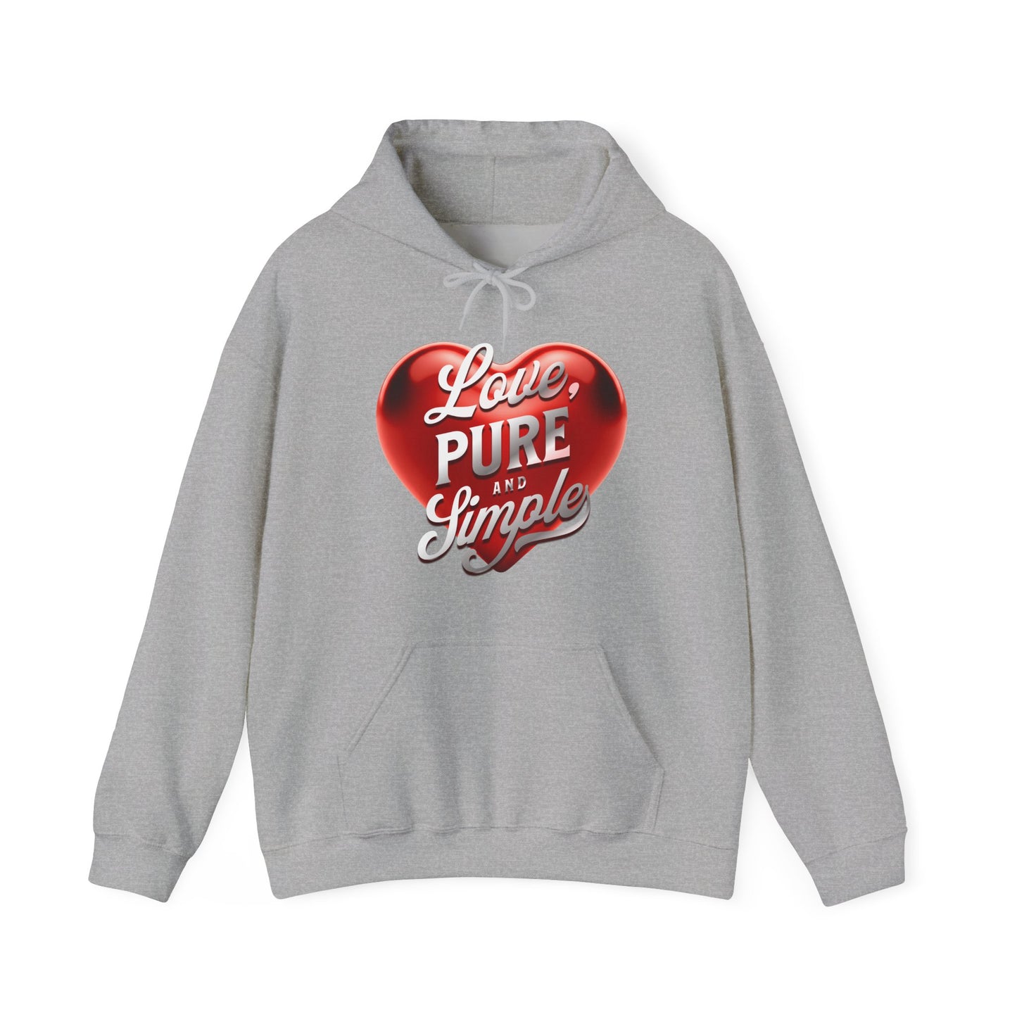 Gray hoodie with a red heart design and text on a white background