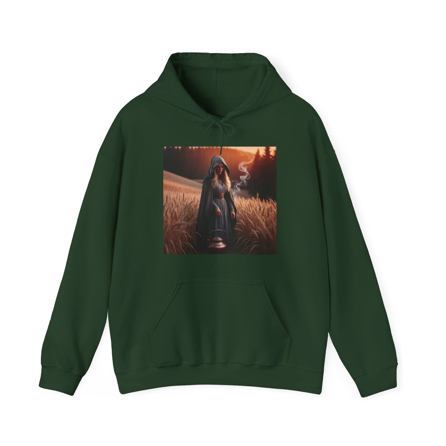 Mystical magic hoodie in forest green color featuring an artistic design of a mysterious figure in a field.