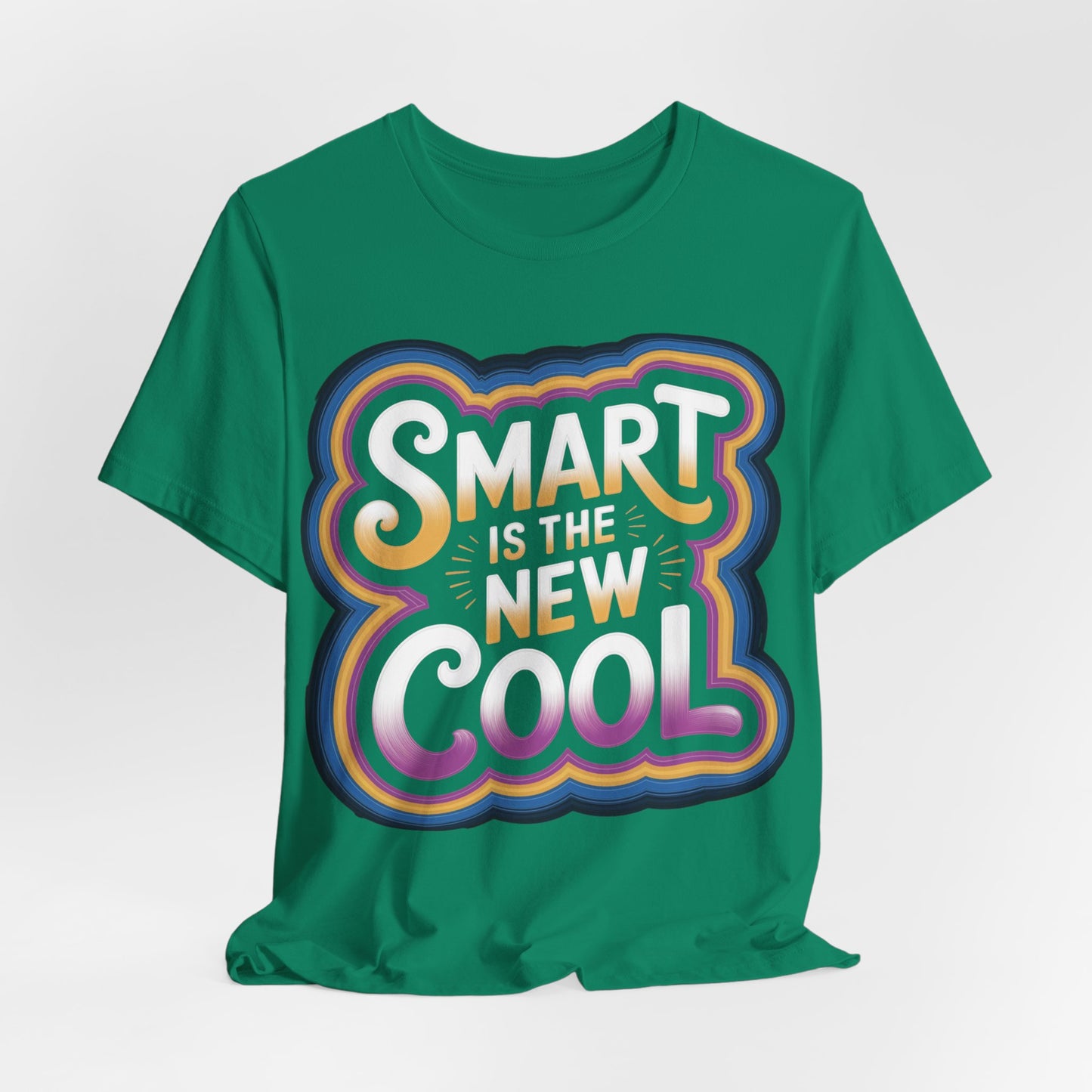 Back-to-school graphic tee with colorful text "Smart Is the New Cool" on a green background.