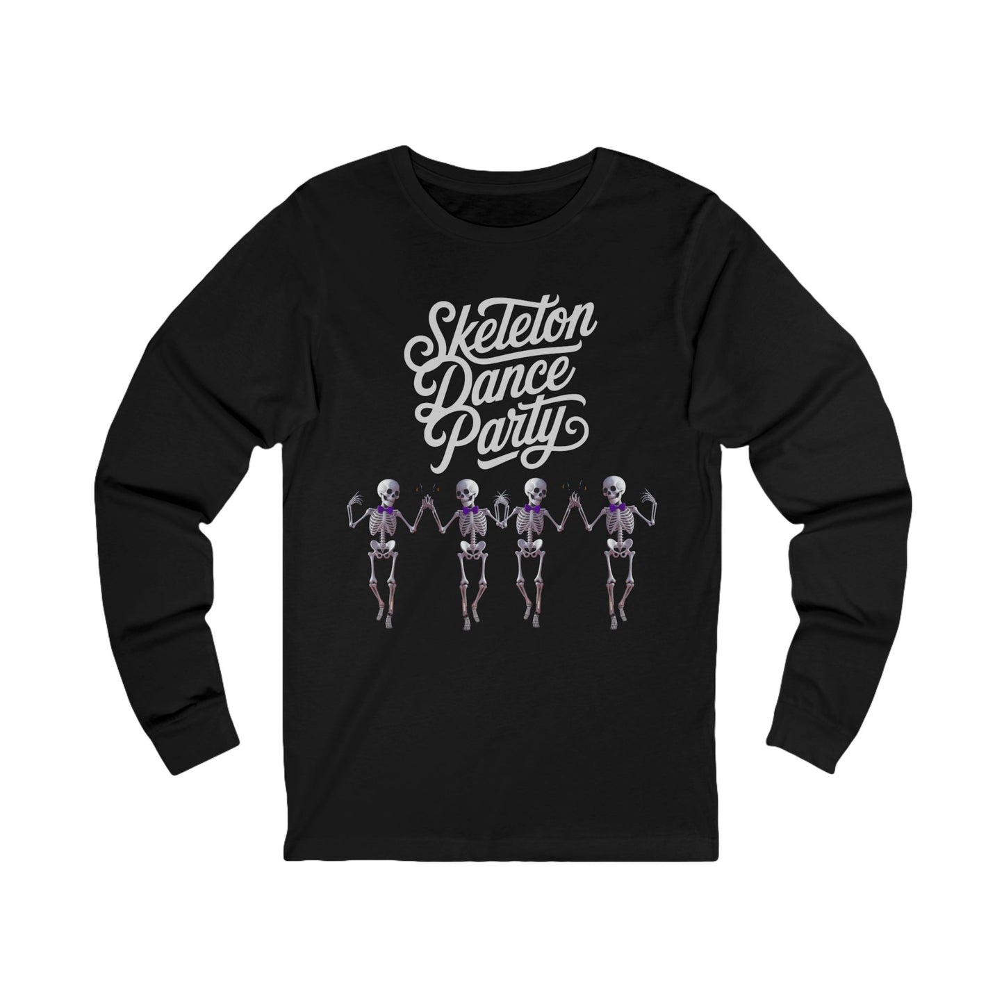 Halloween dancing skeleton tee in black featuring skeletons dancing in a fun Skeleton Dance Party print.