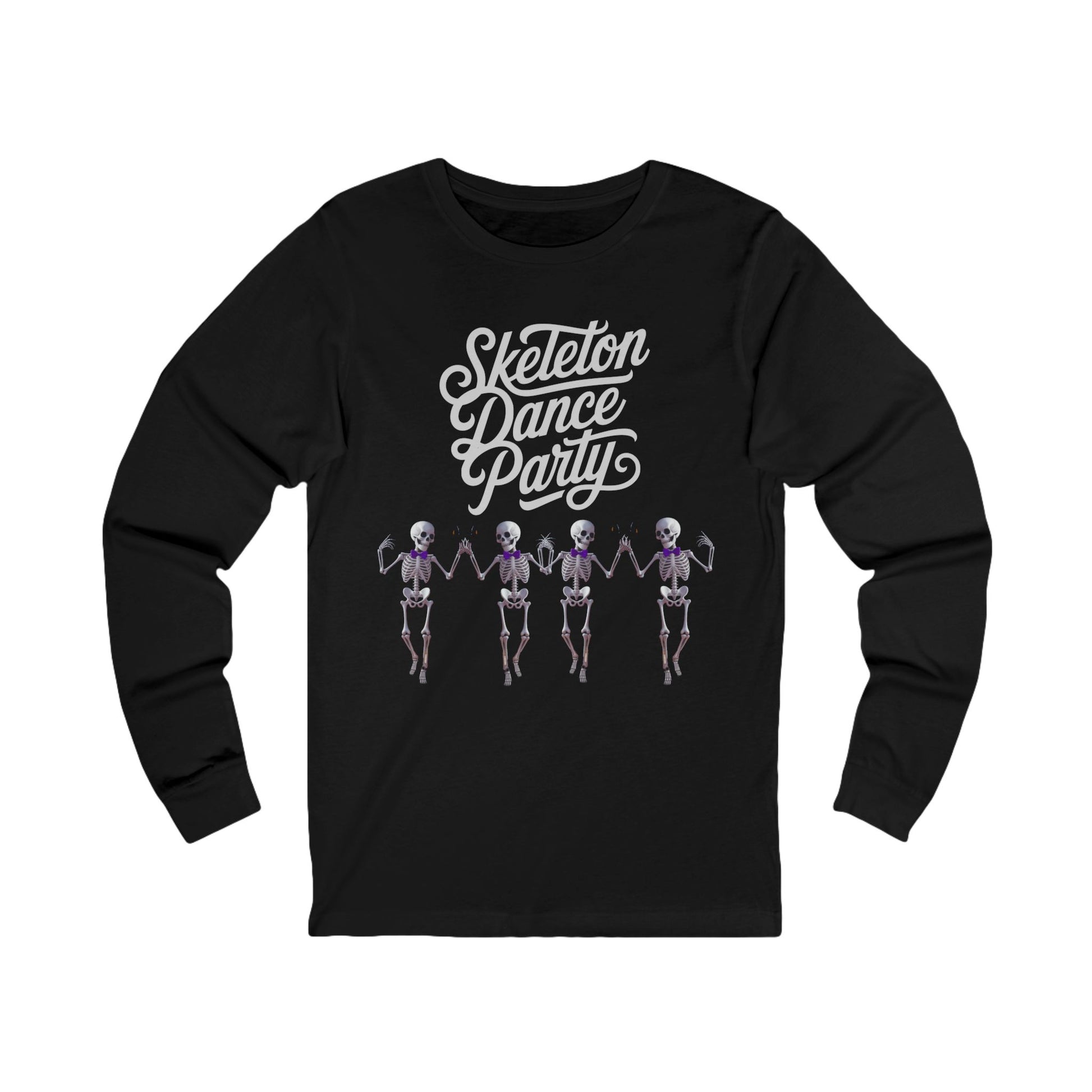 Halloween dancing skeleton tee in black featuring skeletons dancing in a fun Skeleton Dance Party print.