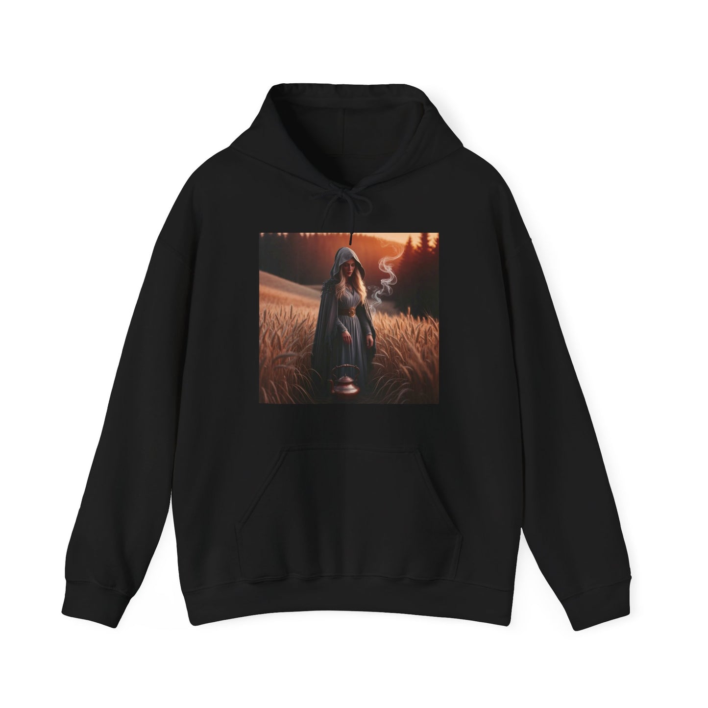 Mystical magic hoodie in black color featuring an artistic design of a mysterious figure in a field.
