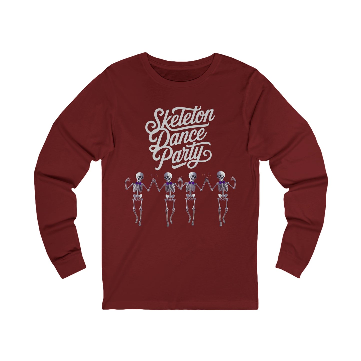 Halloween dancing skeleton tee in maroon featuring skeletons dancing in a fun Skeleton Dance Party print.