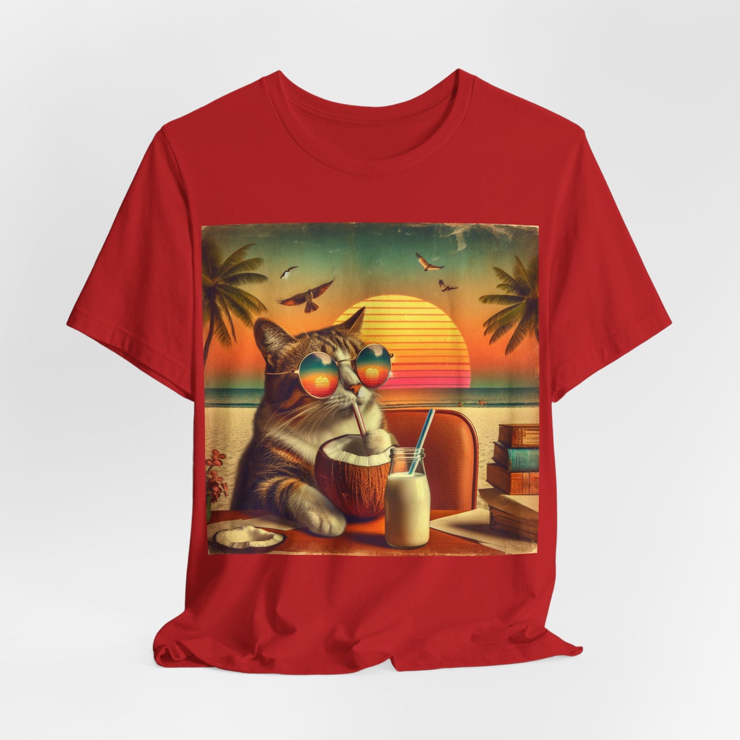 Tropical Cat Relaxation – Summer Vibes Beach Graphic Tee (Unisex, S–3XL)