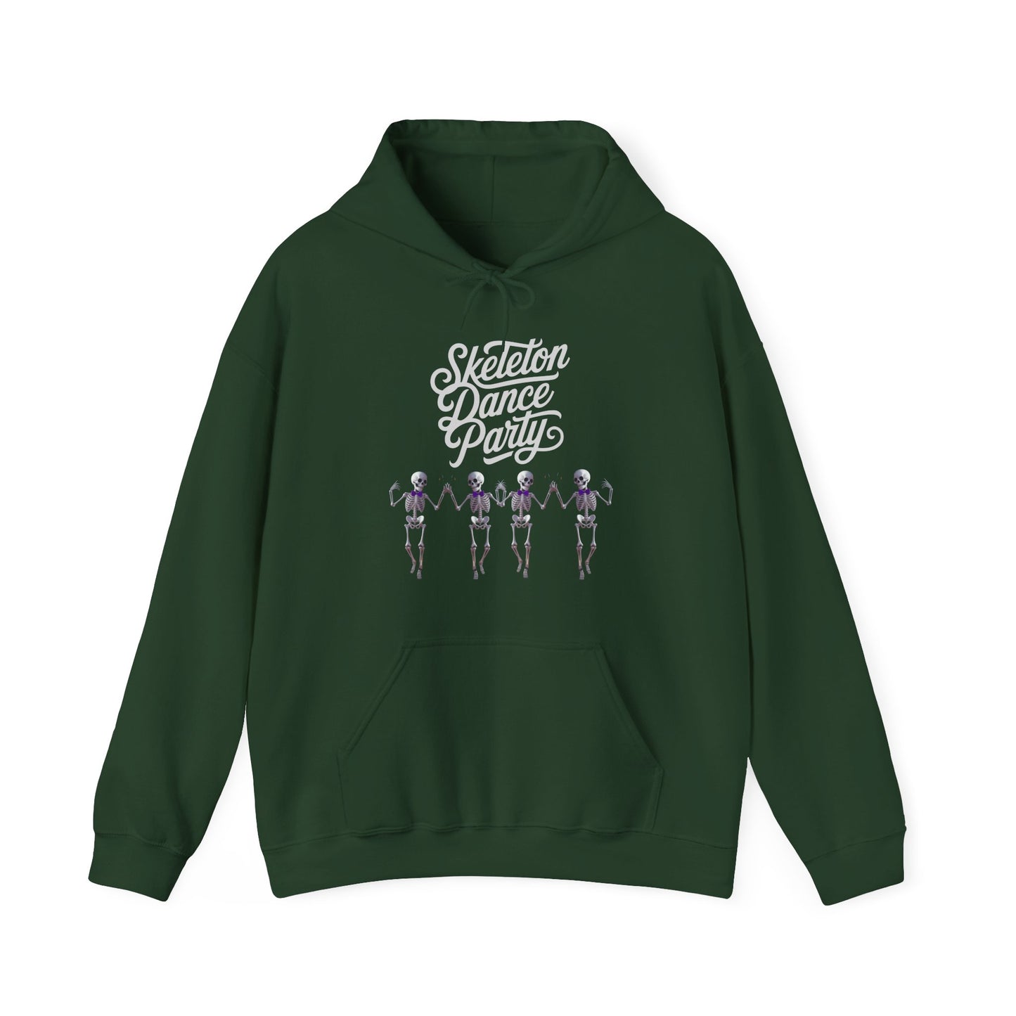 Halloween Dancing Skeleton Hoodie featuring fun skeleton graphics and cozy design for spooky celebrations with forest green background.