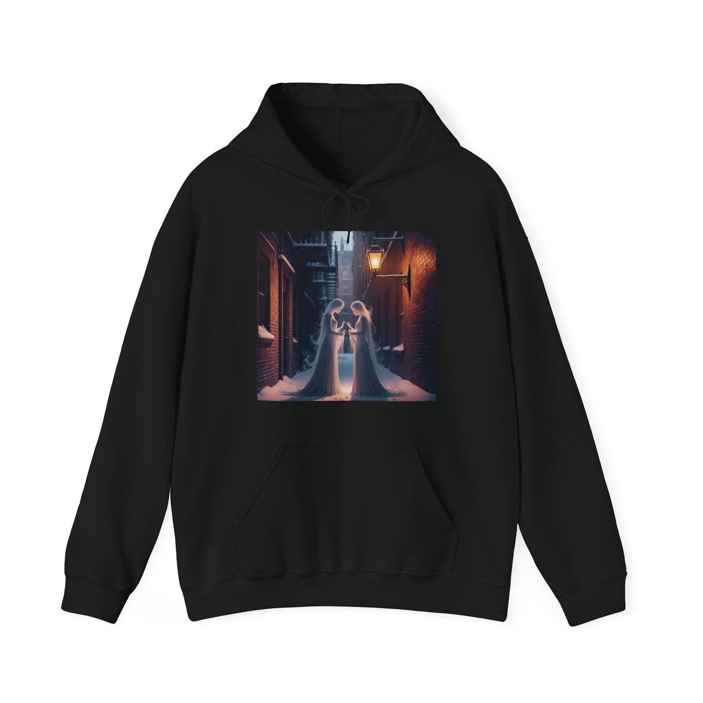 Midnight Ghost Mirror Hoodie featuring ghostly graphic on a black background, perfect for Halloween and unisex sizing S-5XL.