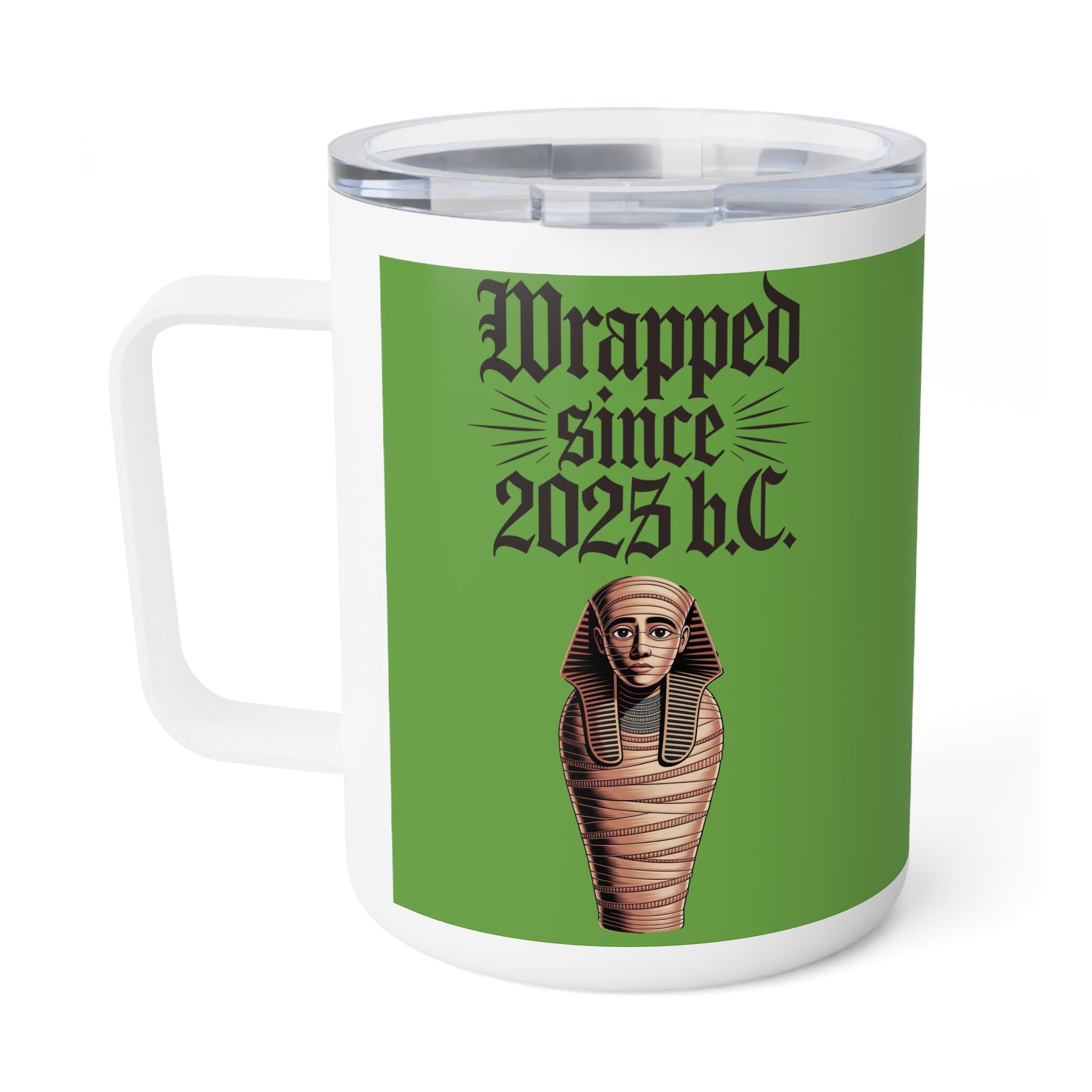 Wrapped Since 2025 B.C. stainless steel coffee mug.