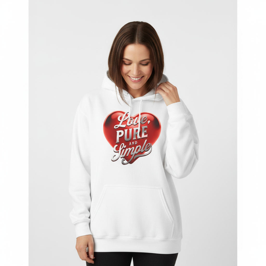 Woman wearing a white hoodie with a red heart design and text on a white background