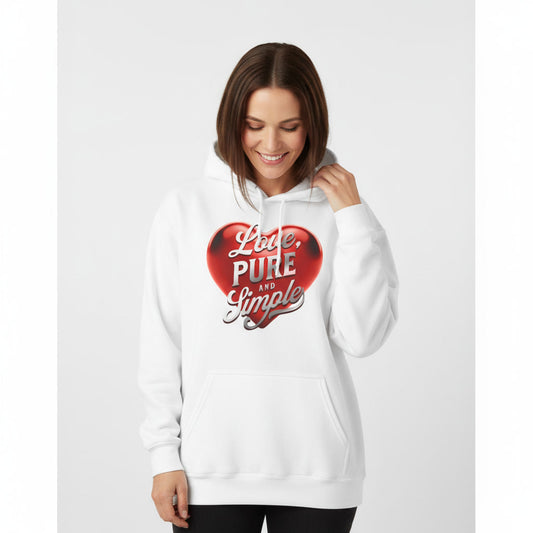 Woman wearing a white hoodie with a red heart design and text on a white background