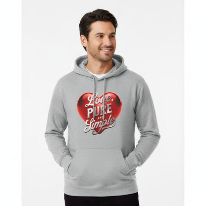 Man wearing a gray hoodie with a red heart design and text on a white background