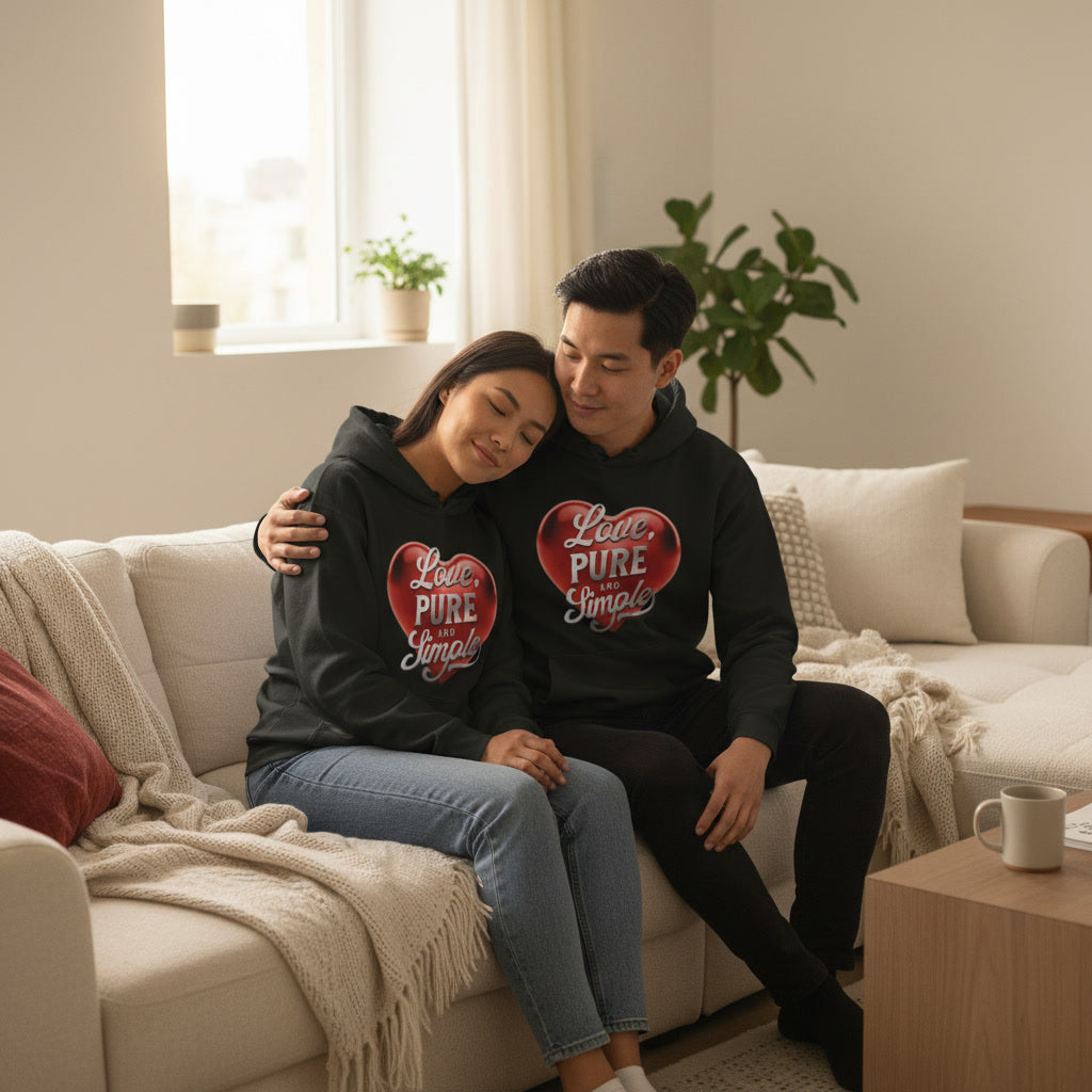 Two people sitting on a couch wearing matching hoodies with heart designs.