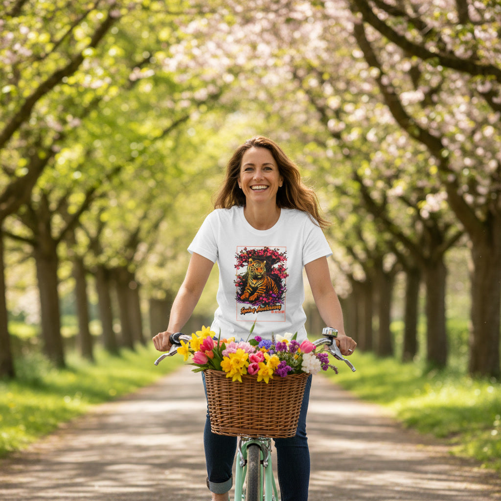 Woman riding a bicycle with a basket full of flowers in a cherry blossom-lined path.