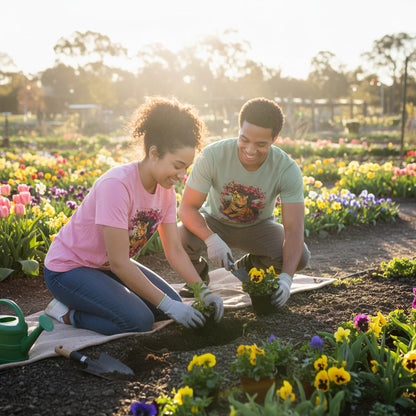 Two people planting flowers in a garden with colorful flowers around them.