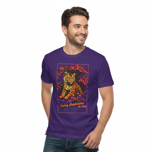 Man wearing a purple t-shirt with a tiger design on a white background