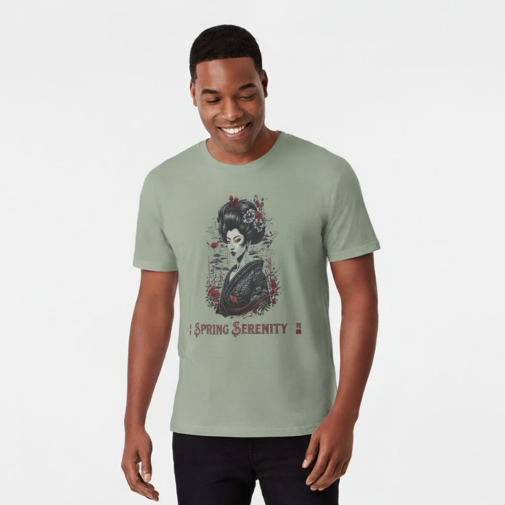 Man wearing a sage t-shirt with a graphic design on a plain background