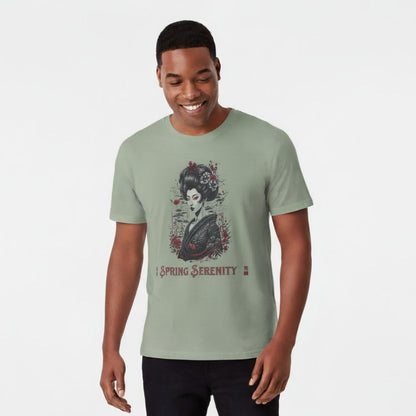 Man wearing a sage t-shirt with a graphic design on a plain background