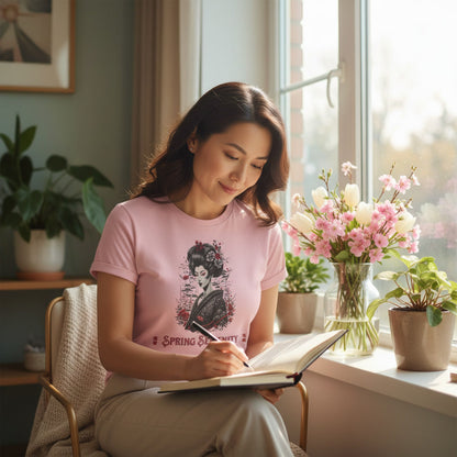 Woman in a soft pink t-shirt sitting by a window, writing in a notebook with flowers and plants around.