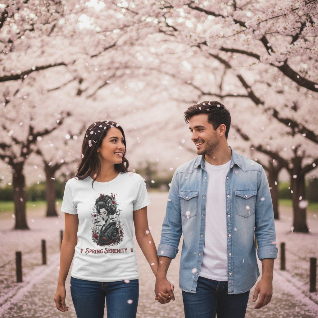 Couple holding hands under cherry blossom trees