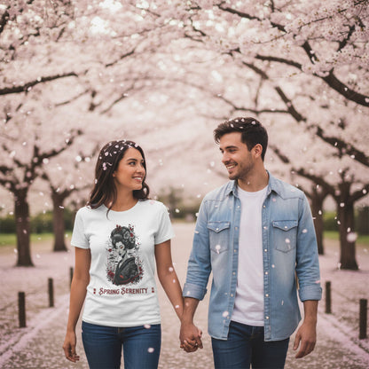 Couple holding hands under cherry blossom trees