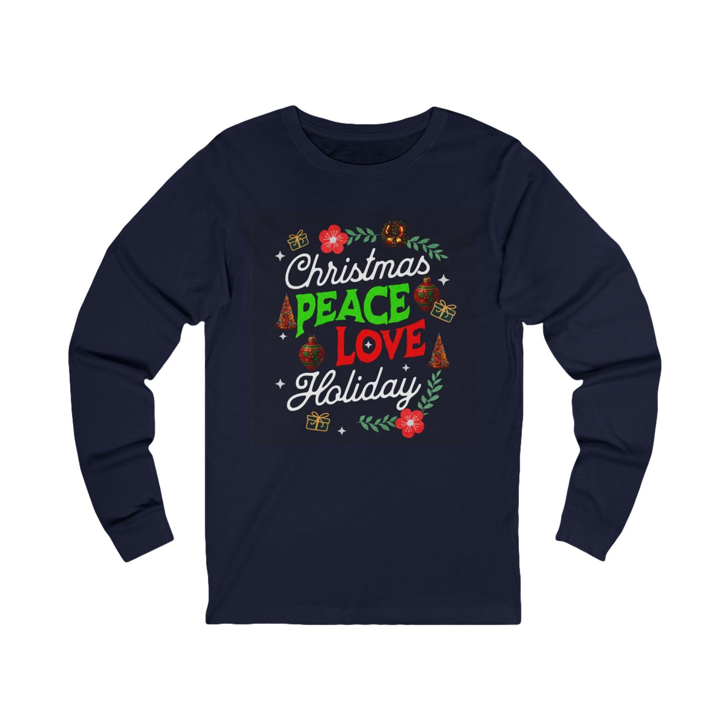 Peace, Love, and Holidays Festive Wreath Long-Sleeve Tee (Unisex S-2XL)