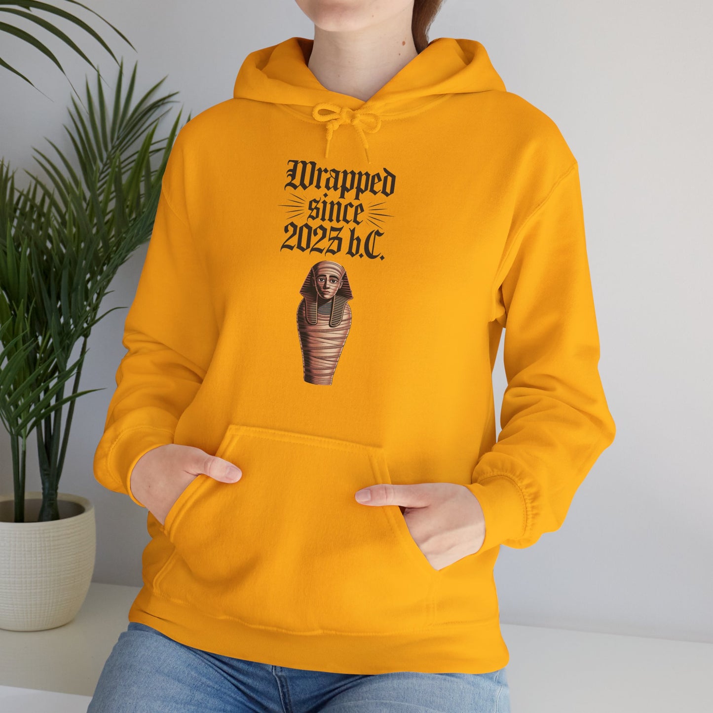 Vintage Pharaoh Hoodie – Wrapped since 2023 b.c. in vibrant gold mockup, unisex style for modern comfort and ancient vibes.