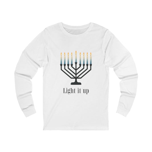 Light it Up Menorah Hanukkah Long Sleeve Tee (Unisex S-2XL)
