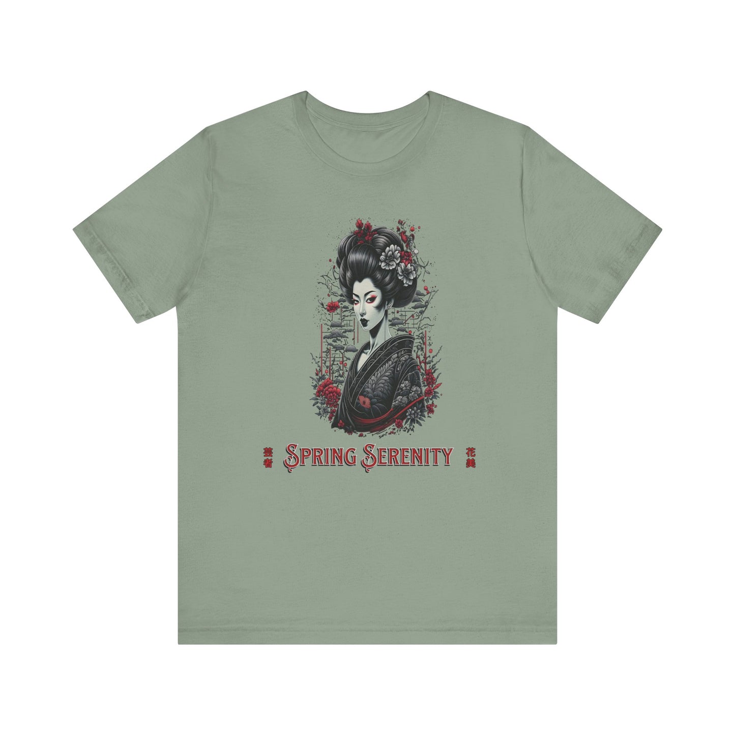 Green t-shirt with a graphic design of a woman and 'Spring Serenity' text on a white background