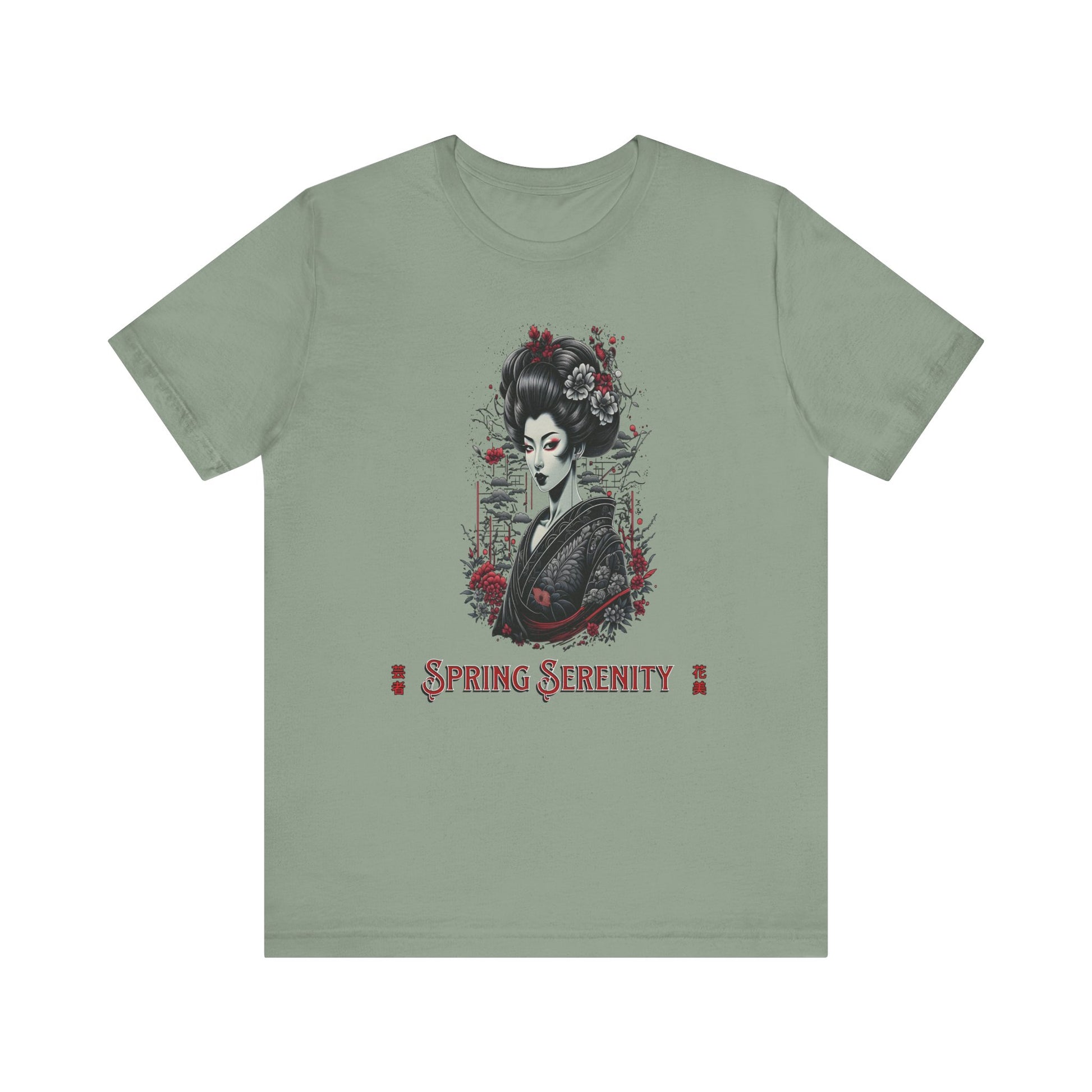 Green t-shirt with a graphic design of a woman and 'Spring Serenity' text on a white background