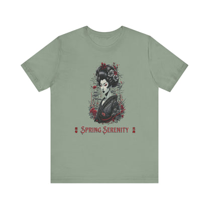 Green t-shirt with a graphic design of a woman and 'Spring Serenity' text on a white background