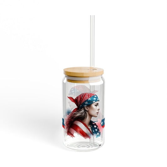 Red, White & Blue Patriotic Woman Sipper Glass with Straw