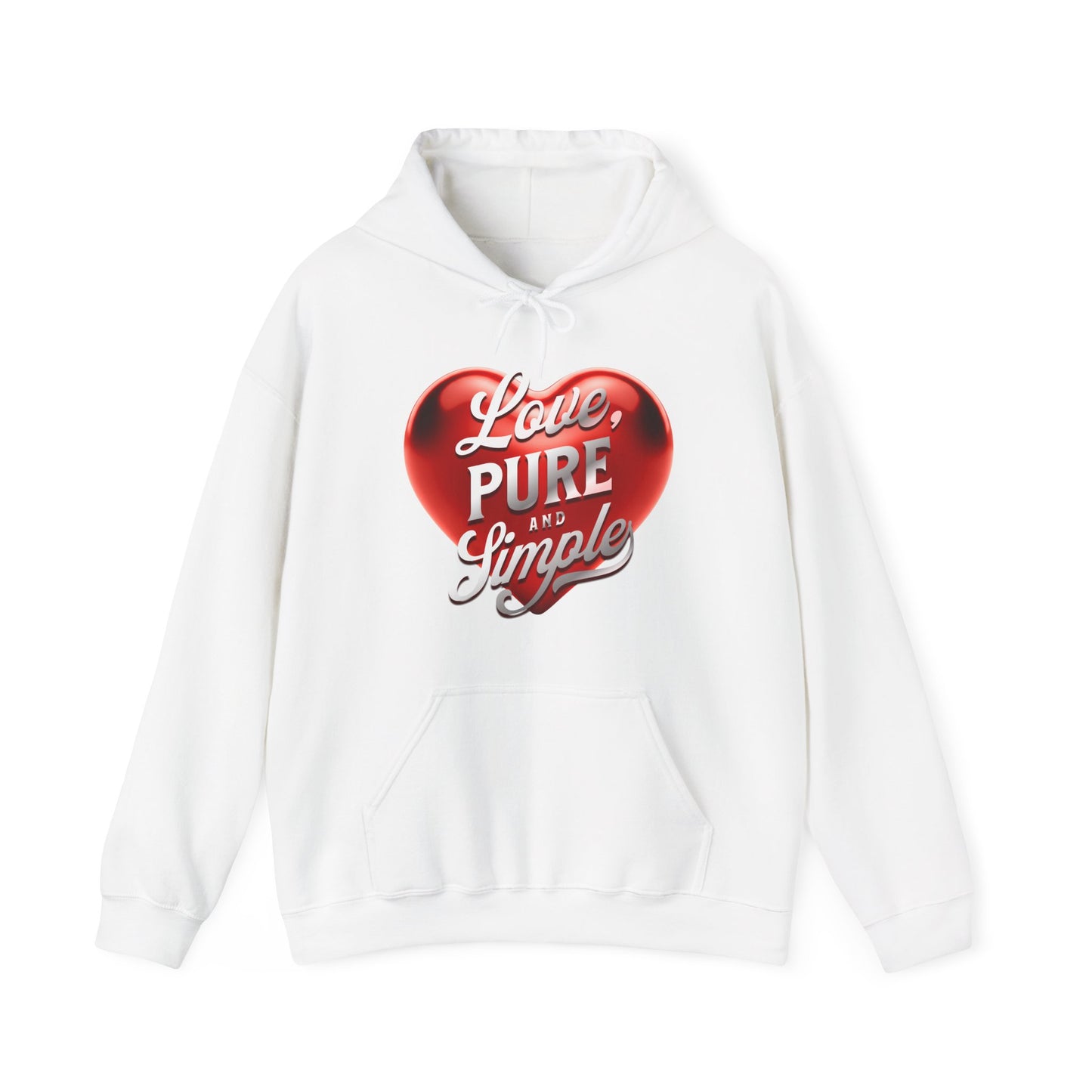White hoodie with a red heart design and text on a white background