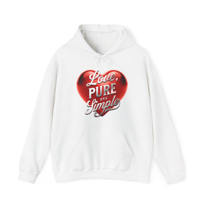 White hoodie with a red heart design and text on a white background