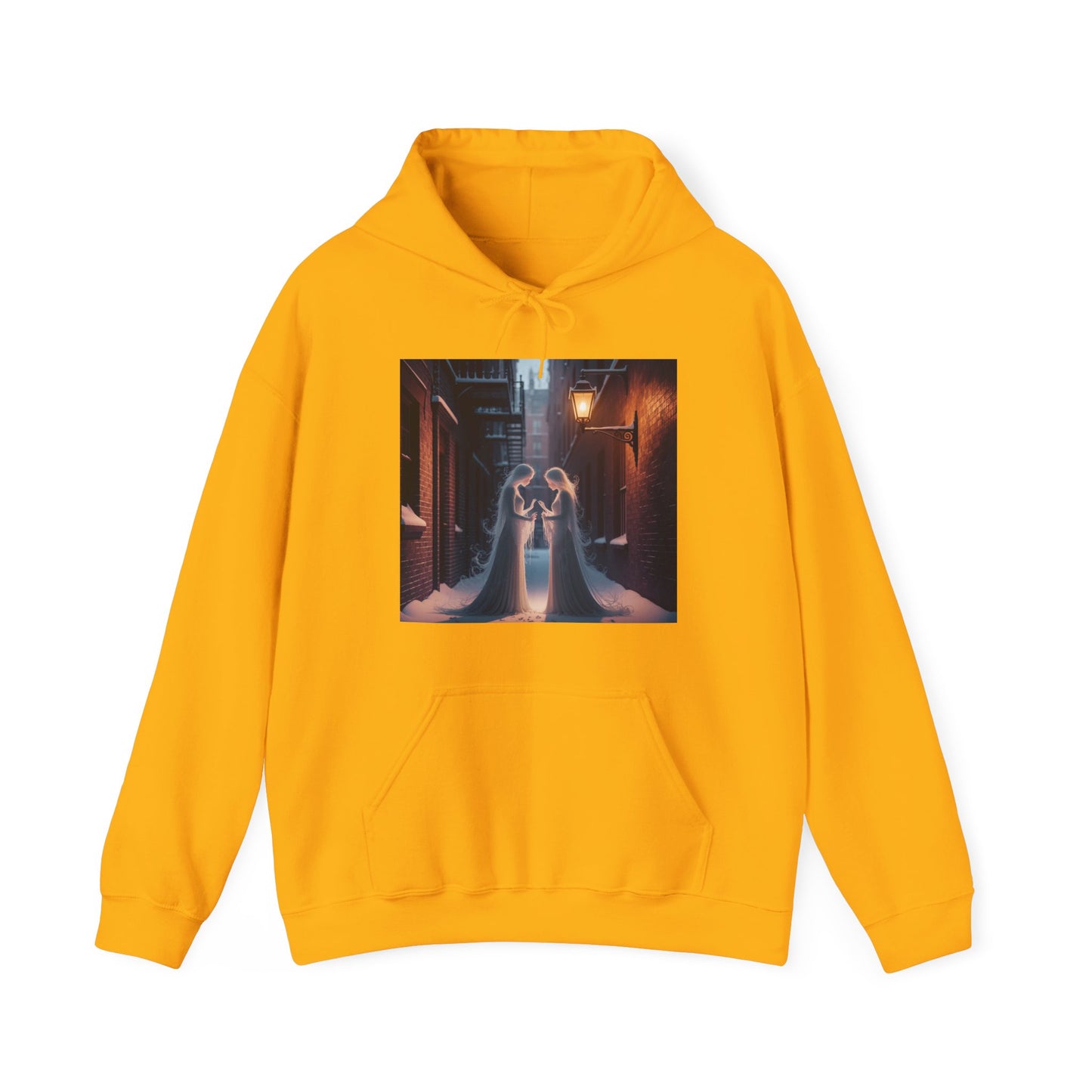 Midnight Ghost Mirror Hoodie featuring ghostly graphic on a gold background, perfect for Halloween and unisex sizing S-5XL.